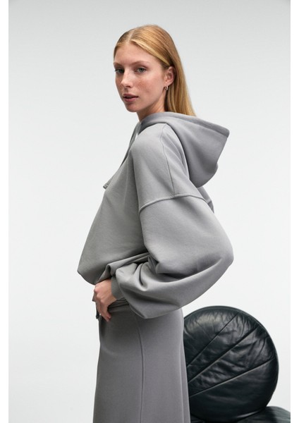 OLVERA Kadın Kapüşonlu Etek Ucu Balon Oversize Gri Sweatshirt modelleri