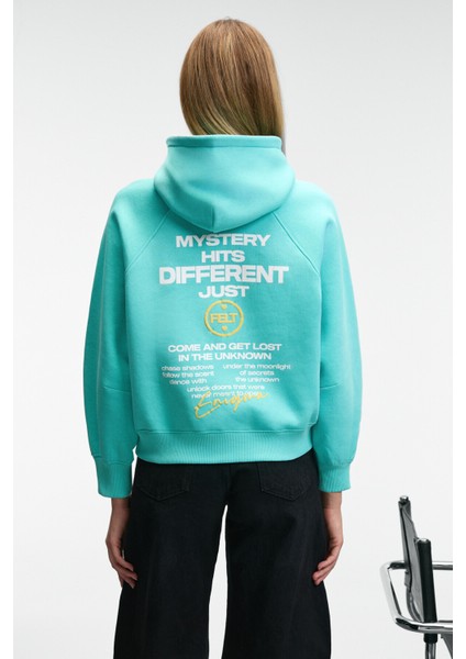 ORINQUE Kadın Kapüşonlu Baskı ve Nakış Detaylı Oversize Turkuaz Sweatshirt