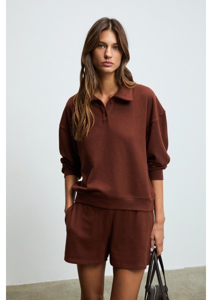 SILKEN Kadın Yumuşak Ve Esnek Kumaşlı Polo Yakalı Kahverengi Sweatshirt