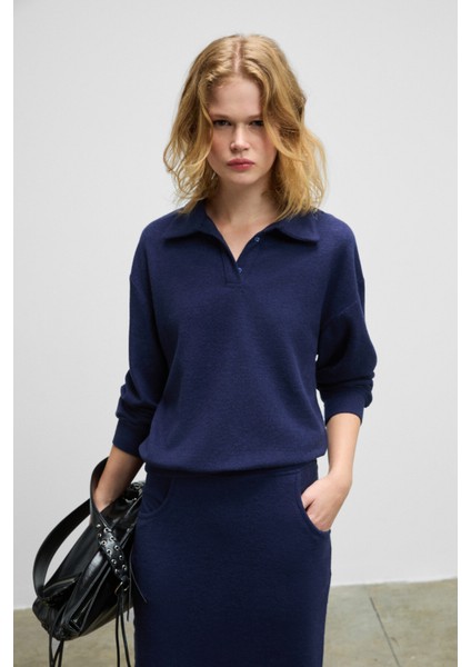 SILKEN Kadın Yumuşak Ve Esnek Kumaşlı Polo Yakalı Lacivert Sweatshirt