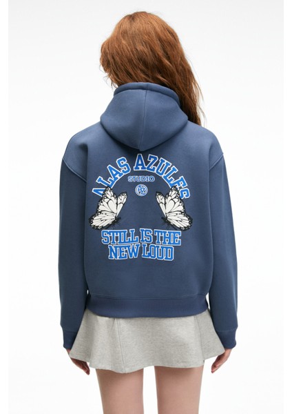 SLOPANE Kadın Rahat Kesim Kapüşonlu Baskılı Lacivert Sweatshirt