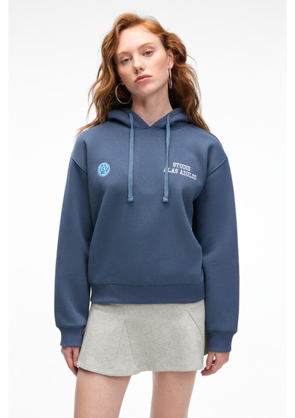 SLOPANE Kadın Rahat Kesim Kapüşonlu Baskılı Lacivert Sweatshirt fiyatları