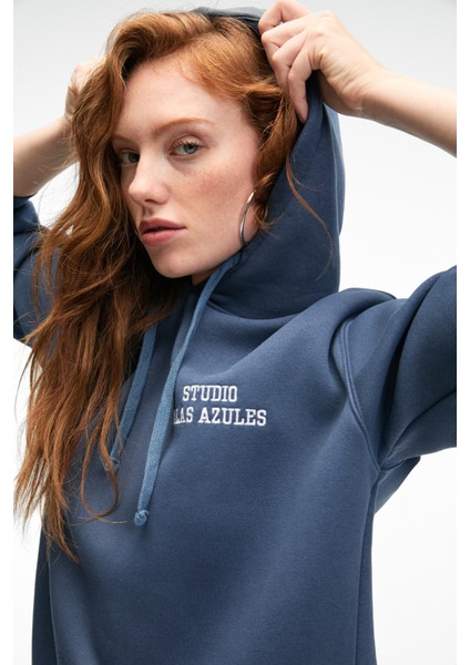 SLOPANE Kadın Rahat Kesim Kapüşonlu Baskılı Lacivert Sweatshirt indirimleri