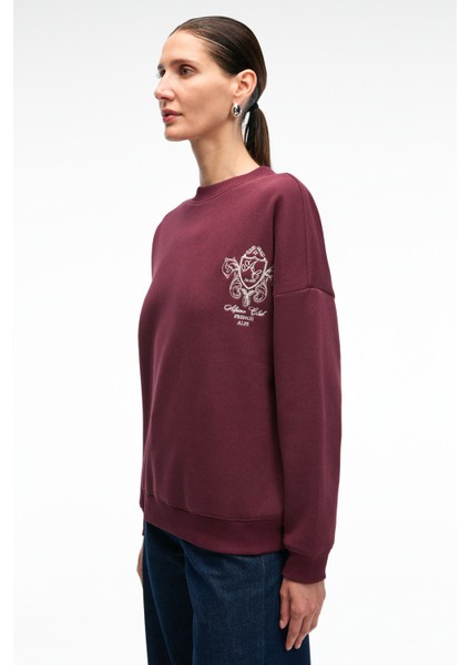 AUDRA Kadın Oversize Yuvarlak Yaka Nakış Detaylı Bordo Sweatshirt indirimleri