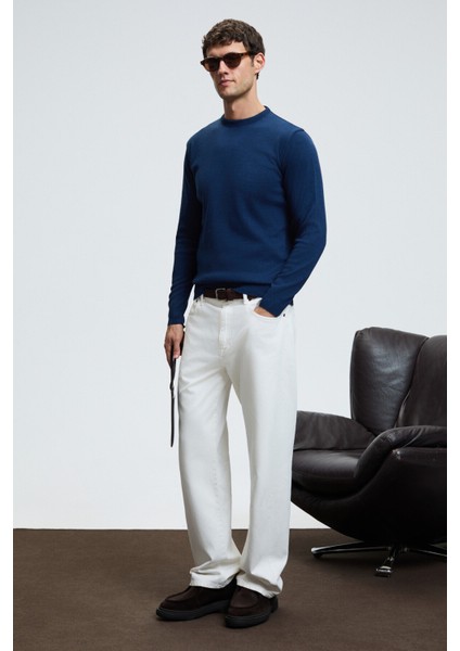 VAREX Erkek Yuvarlak Yaka Basic Slim Fit Triko İndigo Kazak fiyatları