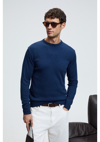 VAREX Erkek Yuvarlak Yaka Basic Slim Fit Triko İndigo Kazak modelleri