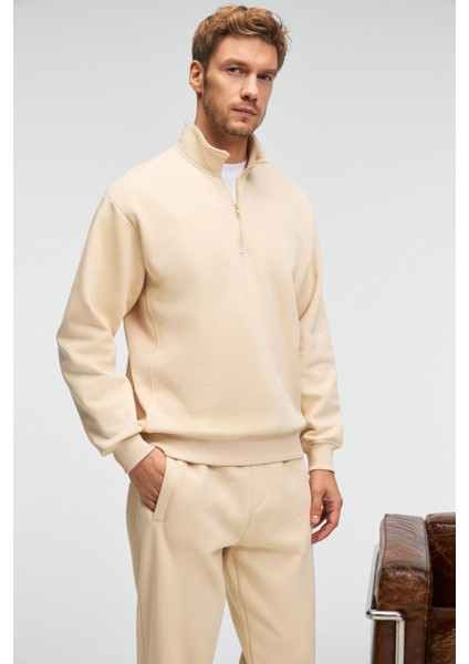 BAXTER Erkek Dik Yakalı Fermuarlı Relaxed Vanilya Sweatshirt modelleri