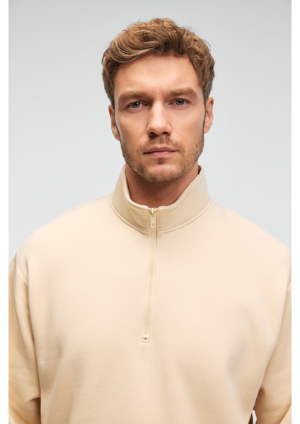BAXTER Erkek Dik Yakalı Fermuarlı Relaxed Vanilya Sweatshirt indirimleri