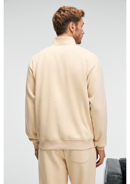 BAXTER Erkek Dik Yakalı Fermuarlı Relaxed Vanilya Sweatshirt