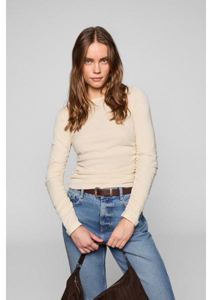 INSSAZA Kadın Vücuda Oturan Büzgülü Slim Fit Taş Rengi Bluz