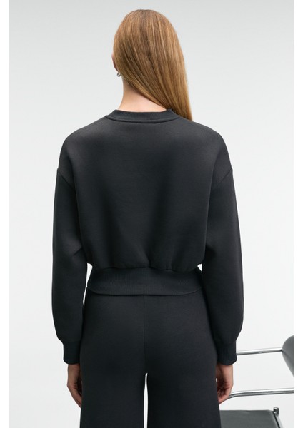 KARALIS Kadın Pamuklu Bisiklet Yaka Crop Antrasit Sweatshirt modelleri