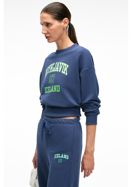 SORELLIA Kadın Bisiklet Yaka Üzerine Oturan Beli Korseli Baskılı Regular Lacivert Sweatshirt modelleri