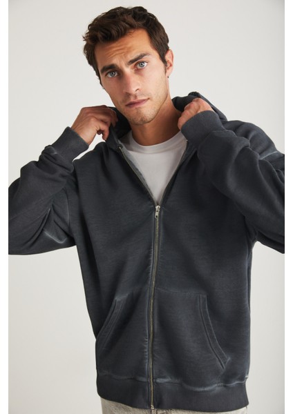 Hendrıck Erkek Kapüşonlu Içi Polarlı Yan Cepli Fermuarlı Yıkamalı Koyu Gri Sweatshirt