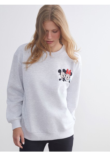 Yeni Sezon Mickey ve Minnie Mouse Nakışlı Kadın Kalın Sweatshirt