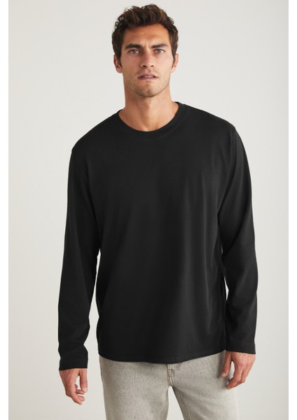 Irene Erkek Bisiklet Yaka %100 Pamuk Uzun Kollu Siyah T-shirt modelleri