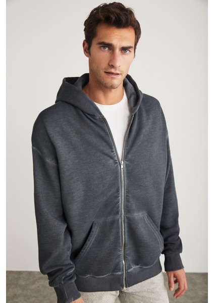 Hendrıck Erkek Kapüşonlu Içi Polarlı Yan Cepli Fermuarlı Yıkamalı Koyu Gri Sweatshirt modelleri