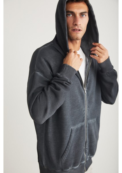 Hendrıck Erkek Kapüşonlu Içi Polarlı Yan Cepli Fermuarlı Yıkamalı Koyu Gri Sweatshirt fırsatları