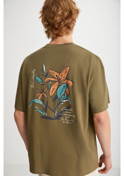 KAILEN Erkek %100 Pamuk Kısa Kollu Baskılı Haki T-Shirt