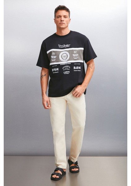 GIO Erkek %100 Pamuk Kısa Kollu Bisiklet Yaka Önü Baskılı Oversize Siyah T-Shirt fiyatları