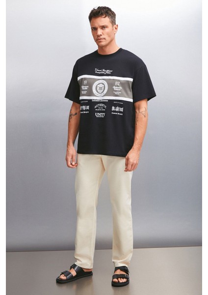 GIO Erkek %100 Pamuk Kısa Kollu Bisiklet Yaka Önü Baskılı Oversize Siyah T-Shirt fırsatları