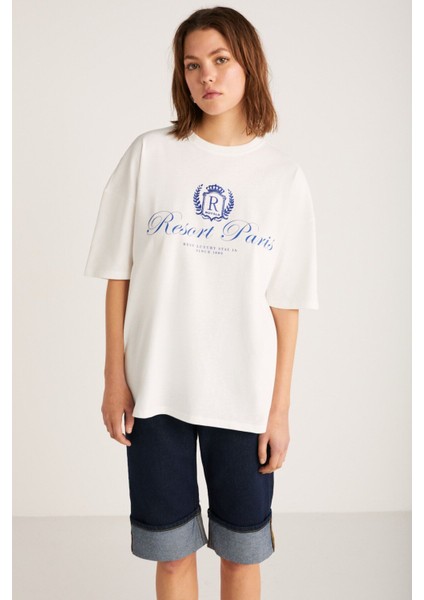Nephele Kadın Önü Yazılı Ekru T-shirt fırsatları