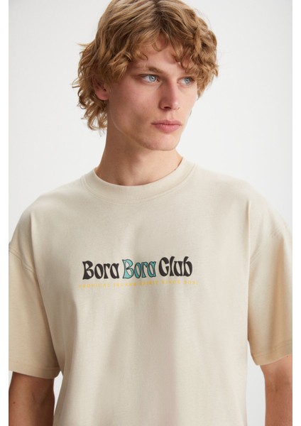 Kaisen Erkek Pamuk kısa Kol Baskılı Regular Fit Bej T-Shirt
