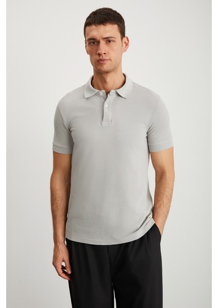 VERNON Erkek Soluk Efektli Gri Polo Yaka T-shirt