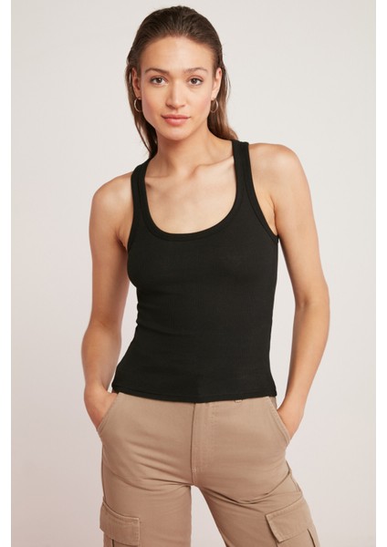 Lıllesol Kadın Fitilli Görünümlü Kalın Askılı Basic Siyah Atlet