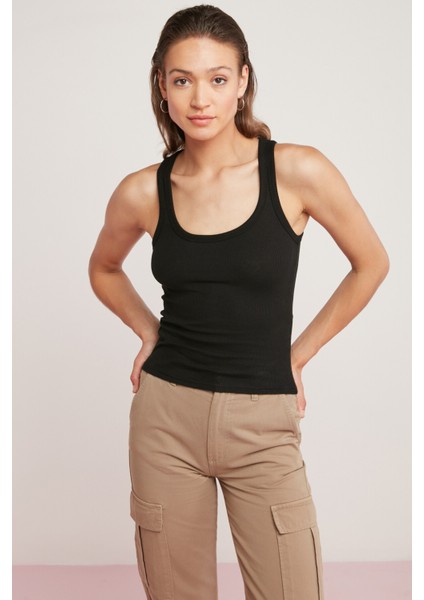 Lıllesol Kadın Fitilli Görünümlü Kalın Askılı Basic Siyah Atlet modelleri