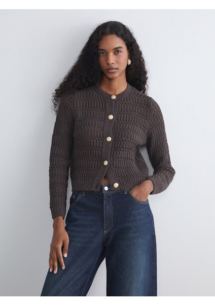 Yeni Sezon Bisiklet Yaka Ajurlu Kadın Triko Hırka