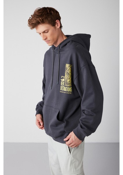 Process Erkek Içi Polarlı Poster Baskılı Kapüşonlu Kordonlu Antrasit Sweatshirt modelleri