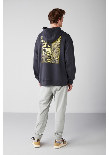 Process Erkek Içi Polarlı Poster Baskılı Kapüşonlu Kordonlu Antrasit Sweatshirt