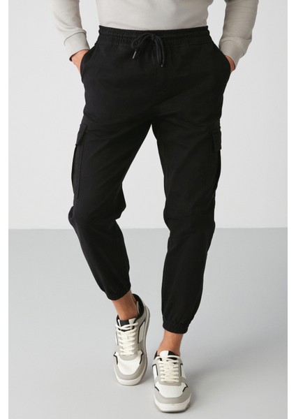 Cargo Erkek Dokuma Kargo Cepli Beli Ve Paçası Lastikli Siyah Pantolon