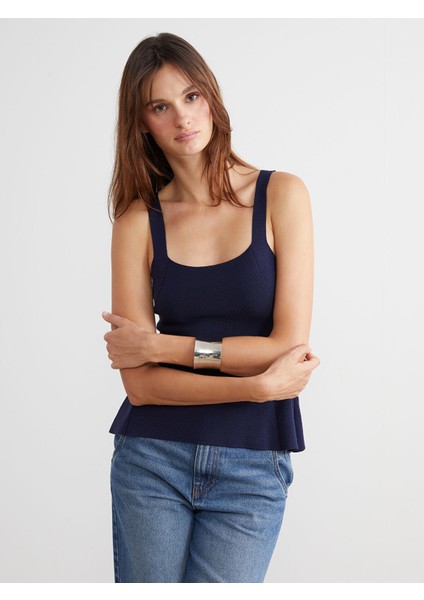 Yeni Sezon U Yaka Askılı Peplum Triko Bluz