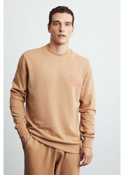 Franklın Erkek Regular Fit Baskılı Içi Polarsız Kahverengi Sweatshirt