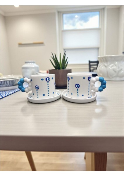 Seramik El Yapımı Nazar Burgu Kulplu Double Kahve Fincanı 2'li Takım