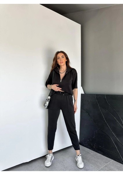 Gri Yaka ve Paçası Fermuarlı Takım