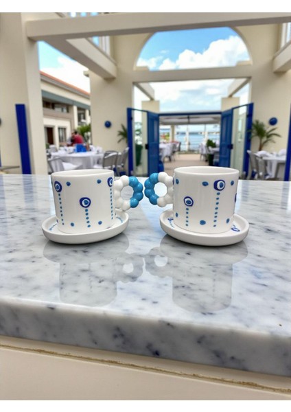 Seramik El Yapımı Nazar Burgu Kulplu Double Kahve Fincanı 2'li Takım modelleri