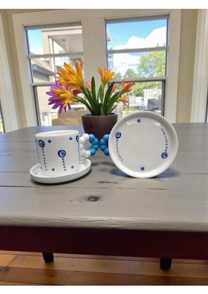 Seramik El Yapımı Nazar Burgu Kulplu Double Kahve Fincanı 2'li Takım fırsatları