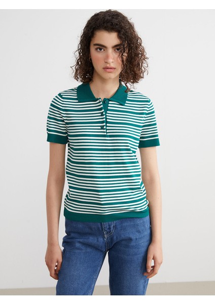 Yeni Sezon Polo Yaka Çizgili Kadın Triko Kazak