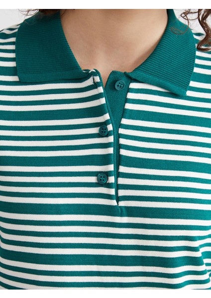 Yeni Sezon Polo Yaka Çizgili Kadın Triko Kazak modelleri