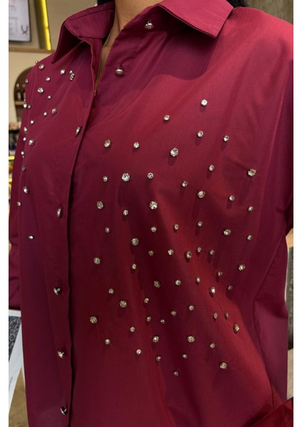 Kristal Taş Çakımlı Poplin Gömlek -Bordo modelleri