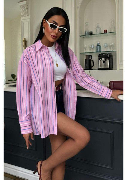 Çizgili Pembe Poplin Gömlek -Pembe