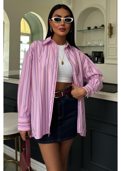 Çizgili Pembe Poplin Gömlek -Pembe indirimleri