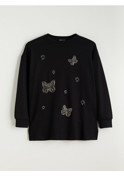 Yeni Sezon Bisiklet Yaka Taşlı Kadın Sweatshirt Tunik