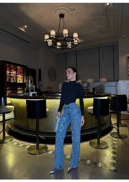 Gümüş Varaklı Palazzo Kot Pantolon Jeans