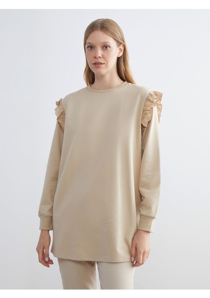 Yeni Sezon Bisiklet Yaka Fırfırlı Kadın Sweatshirt Tunik