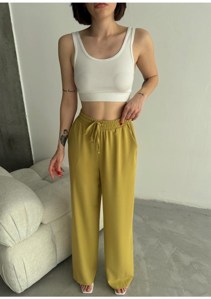 Linda Kumaş Siyah Keten Karışımlı Bol Kesim Pantolon Beli Lastikli Beli Bağcıklı