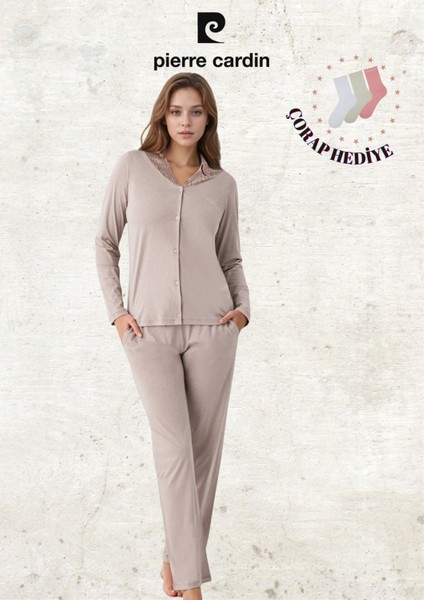 Kadın Giyim Uzun Kol Pamuklu & Modal Gömlek Pijama Takımı (Çorap Hediyeli) L1.PC.911.6.001