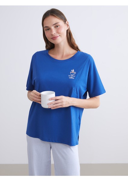 Yeni Sezon Bisiklet Yaka Baskılı Kadın Pijama Üstü